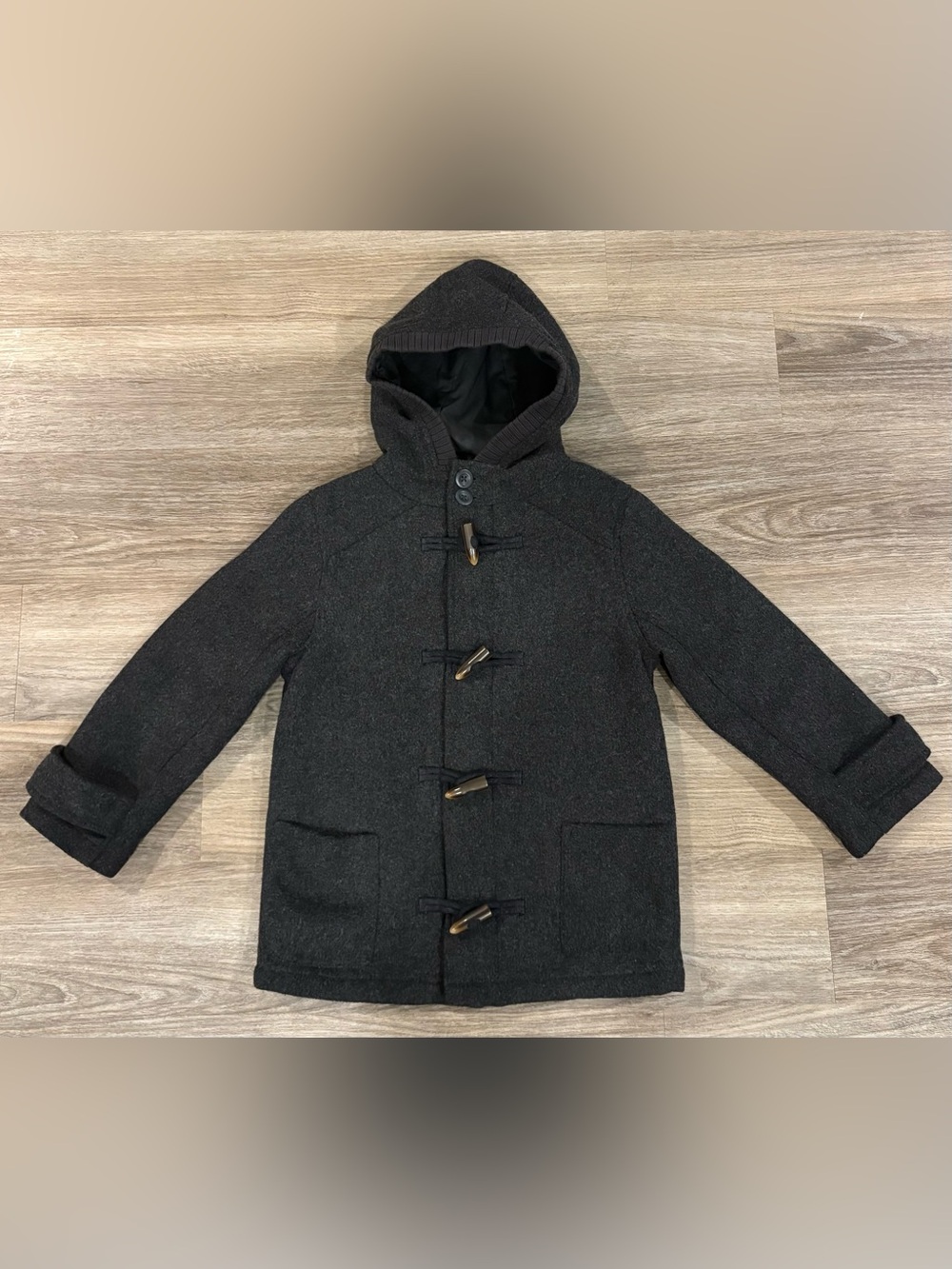 The Children's Place Wool Dark Charcoal Hooded Toggle Pea Coat size 5/6